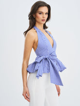 Load image into Gallery viewer, Ilene Blue and White Checkered Bubble Hem Halter Top
