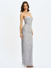 Load image into Gallery viewer, Noelle Silver Sequin Pearl-Embellished Sweetheart Maxi Dress
