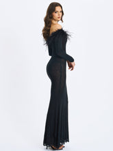 Load image into Gallery viewer, Emberly Black Fur Trimmed Off-Shoulder Rhinestone Mermaid Maxi Dress
