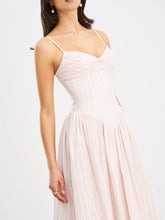 Load image into Gallery viewer, Zania Pink Stripe Ruched Breast Cotton Jacquard Midi Dress
