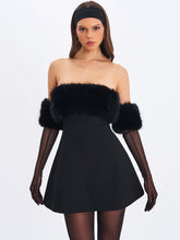 Load image into Gallery viewer, Evelyn Black Fur-Trimmed Mini A-Line Dress
