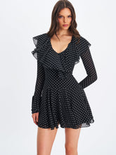 Load image into Gallery viewer, Omari Black Chiffon Polka Dot Ruffled Neckline Mini Dress
