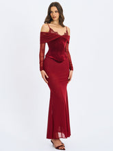 Load image into Gallery viewer, Maybelle Magenta Bardot Lace Strap Peplum Maxi Dress
