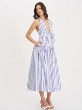 Load image into Gallery viewer, Mackenna Navy Stripe Halter Smock Back Maxi Dress
