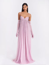 Load image into Gallery viewer, Wallie Pink Rhinestone Embellished Mesh Backless Gown
