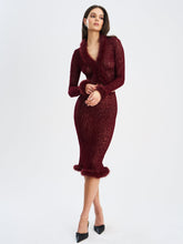 Load image into Gallery viewer, Halia Burgundy Animal Print Burnout Velvet Fur Trim Skirt
