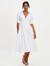 Load image into Gallery viewer, Palina Pinstripes Cotton Poplin Pleated Midi Preppy Shirt Dress
