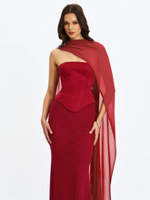 Load image into Gallery viewer, Giselle Crimson Peplum Mermaid Gown with Chiffon Scarf
