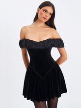Load image into Gallery viewer, Daisha Black Lace Trimmed Off-Shoulder Ruched Mini Dress
