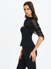 Load image into Gallery viewer, Quinette Black Peplum Top with Beaded Asymmetrical Cape
