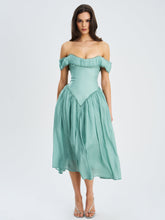 Load image into Gallery viewer, Xavy Teal Green Off Shoulder Corset Midi Dress

