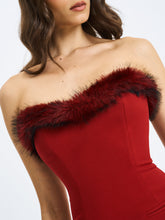 Load image into Gallery viewer, Nalia Crimson Fur Trimmed Sweetheart Mini Dress
