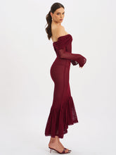 Load image into Gallery viewer, Kaedyn Burgundy Off Shoulder Long Sleeve Crochet Mermaid Maxi Dress
