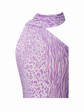 Load image into Gallery viewer, Olena Purple Burnout Velvet Animal Print Mesh Halter Neck Maxi Dress
