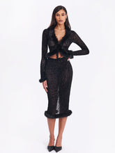 Load image into Gallery viewer, Halia Black Animal Print Burnout Velvet Fur Trim Skirt
