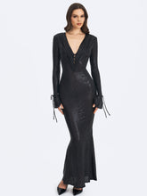 Load image into Gallery viewer, Ilysia Black V-Neck Plunge Snakeskin Mermaid Hem Maxi Dress
