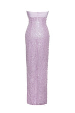 Load image into Gallery viewer, Lainey Purple Satin Sequin Pearls Beaded Maxi Dress
