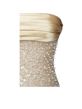 Load image into Gallery viewer, Lainey Gold Satin Sequin Pearls Beaded Maxi Dress
