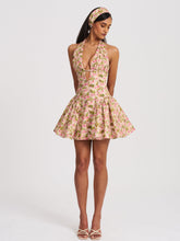 Load image into Gallery viewer, Mackenzie Green and Pink Floral Print Halter Linen Mini Dress
