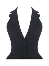 Load image into Gallery viewer, Delaney Black Lapel Halter Midi A-Line Dress
