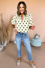 Load image into Gallery viewer, Black Polka Dot Print Smocked Notched Neck Balloon Sleeve Blouse
