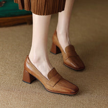 Load image into Gallery viewer, Women's Sheepskin Square Toe Chunky Heel Pumps – Retro High Heel Dress Shoes
