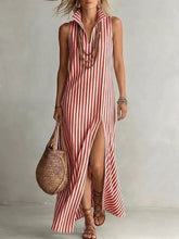 Load image into Gallery viewer, Striped Stand Collar Side-Slit Sleeveless Maxi Dress – A-Line Cami
