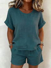 Load image into Gallery viewer, Women's Relaxed Cotton-Linen Cuffed Sleeve Top &amp; Shorts Two-Piece Set
