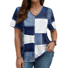 Load image into Gallery viewer, V-Neck Denim Print Short Sleeve T-Shirt | Loose Casual Tee
