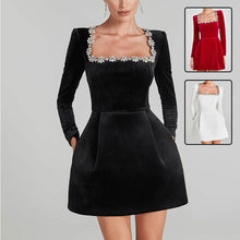 Load image into Gallery viewer, Elegant Square Neck Long-Sleeved Dress With Flowers Rhinestone Design
