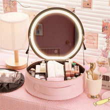 Load image into Gallery viewer, Round Smart LED Makeup Bag With Mirror Lights Women Beauty Bag Large Capacity PU Leather Travel Organizers Cosmetic Case
