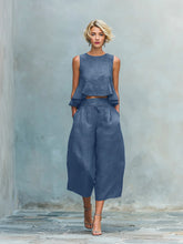 Load image into Gallery viewer, Women's Linen-Blend Sleeveless Two Piece Set with Ruffled Detailing
