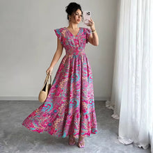 Load image into Gallery viewer, Women's V-Neck Floral Print A-Line Midi Dress – High Waist Sleeveless
