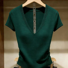 Load image into Gallery viewer, Solid Color Ice Silk Knit Top for Women – Slim-Fit Short Sleeve Elegant Commuter Top
