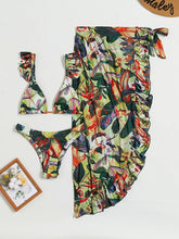 Load image into Gallery viewer, Bloom Breeze 3-Piece Bikini Set – Elegant High Cut Floral Fluttering Swimsuit with Lettuce Trim Tie Back Bandeau and Coordinating Cover Up Skirt – Women&#39;s Romantic Swimwear for Beach &amp; Resort Vacations
