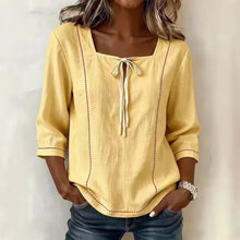 Load image into Gallery viewer, Printed Lace-Up Square-Neck Shirt – Three-Quarter Sleeve, Ramie
