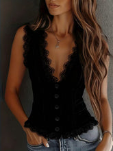 Load image into Gallery viewer, Lace Trim Button-Down Crop Tank Vest Women
