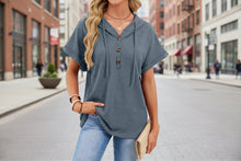 Load image into Gallery viewer, Women's Waffle Knit Hooded Short-Sleeve Top – Drawstring Button Pullover
