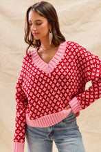 Load image into Gallery viewer, SO ME Color Block Textured Christmas Sweater V Neck Top
