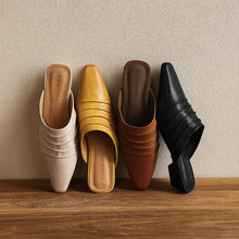 Load image into Gallery viewer, Handmade Sheepskin Ruched Mule Slides – Square Toe Low Heel
