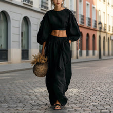 Load image into Gallery viewer, Women's Puff-Sleeve Crew-Neck Two-Piece Set with Pockets
