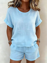 Load image into Gallery viewer, Women's Relaxed Cotton-Linen Cuffed Sleeve Top &amp; Shorts Two-Piece Set
