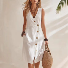 Load image into Gallery viewer, Women's Resort V-Neck Sleeveless Asymmetrical-Button Midi Dress
