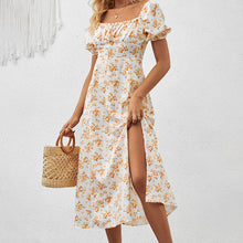 Load image into Gallery viewer, Square Neck Floral Print Dress With Puff Sleeves &amp; Side Slit Maxi Dress
