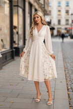 Load image into Gallery viewer, Floral Long Sleeve V-Neck Pleated Midi Dress – High Waist Flared Hem
