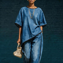 Load image into Gallery viewer, Women's Denim-Style Knit Top &amp; Wide-Leg Pants Set – Casual 2-Piece
