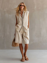 Load image into Gallery viewer, Women's Linen Shirt and Shorts Set – Sleeveless Summer Two-Piece

