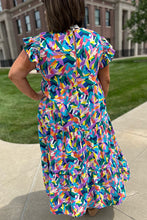 Load image into Gallery viewer, Blue Abstract Print Ruffle Sleeve Plus Size Tiered Maxi Dress
