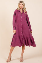 Load image into Gallery viewer, Mineral Wash Cotton Gauze Ruffle Midi Shirt Dress For Women – Casual and Feminine Button-Down Dress with Ruffle Details
