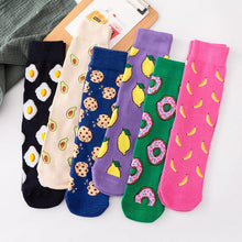 Load image into Gallery viewer, Women's Colorful Cotton Socks Fruits Banana Avocado Lemon Egg Cookie Donuts Food Happy Color Socks
